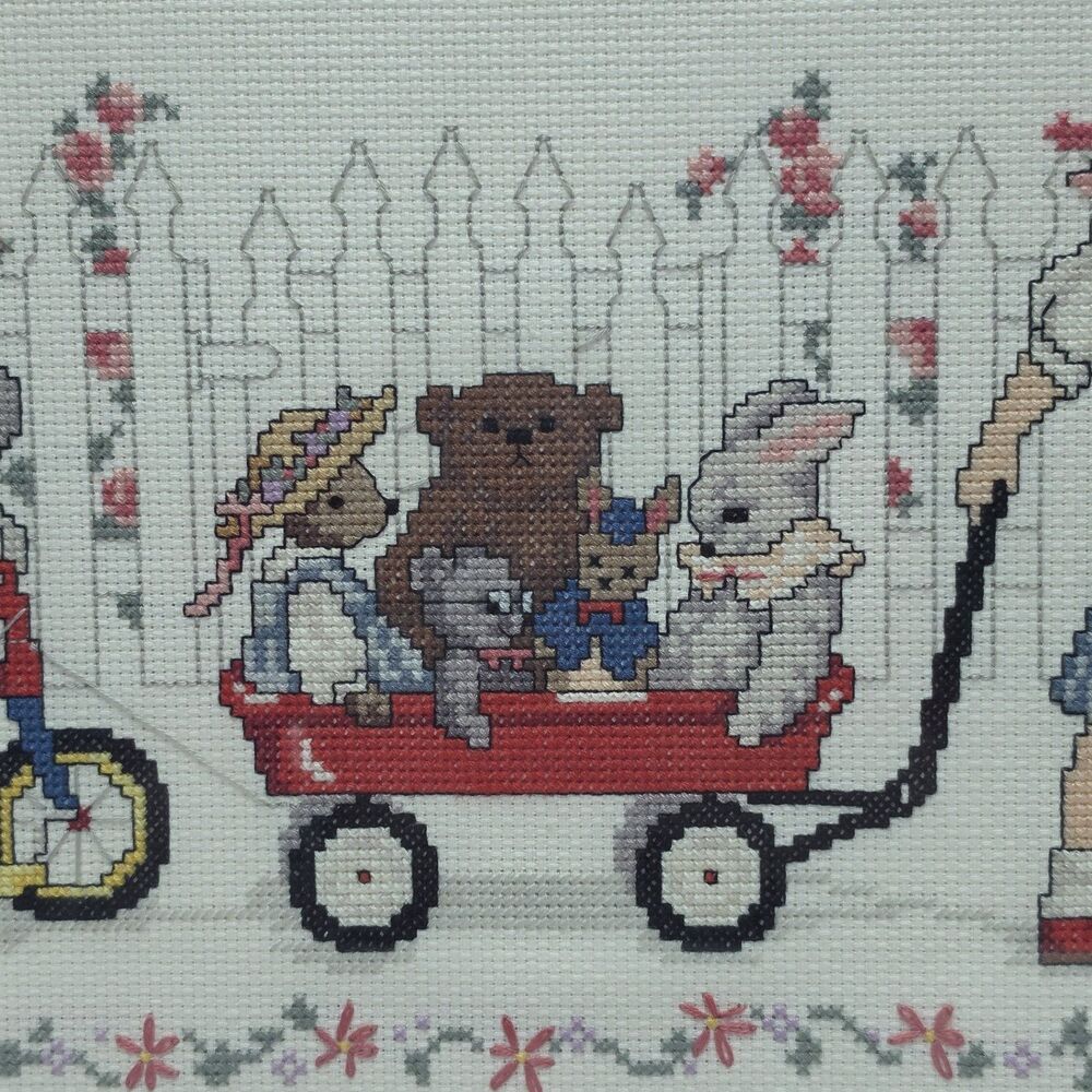 Vintage Framed Handmade Cross Stitch Embroidery 17"x10" Girl With Toys In Cart - Picture 4 of 7